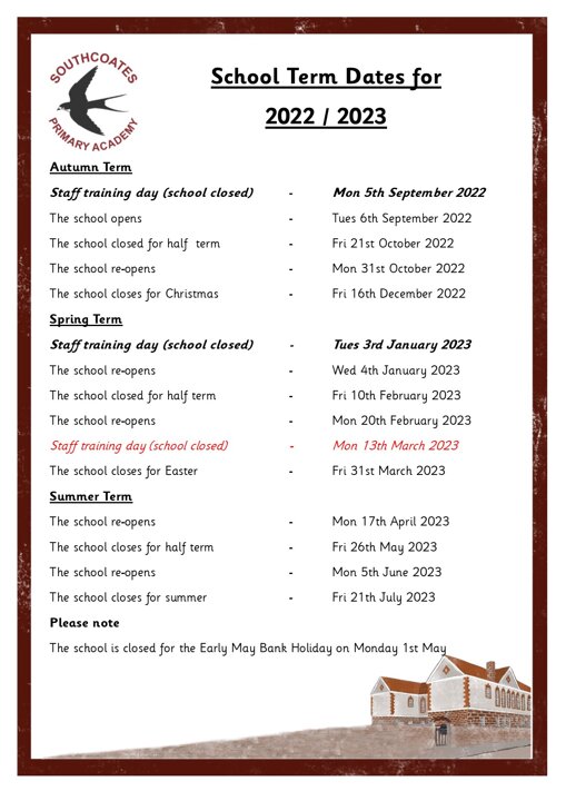 School Term Dates 20222023 Southcoates Primary